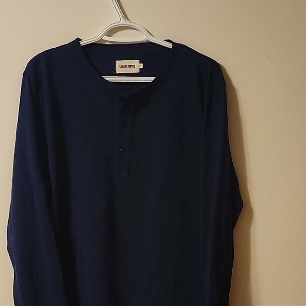 Taylor Stitch Men's Deep Blue Long Sleeve Henley Tee.